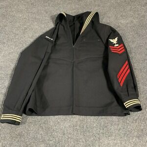 VTG US Navy Dress Jumper 44 R Black Enlisted Wool USA Military Patch 70s Vietnam